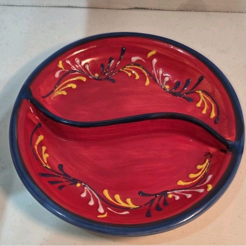 Spain Hand Painted Red Ceramicas Anoru Serving Bowl Round Divided Tapas Spanish